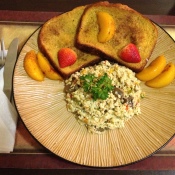 My homemade birthday breakfast of baked French Toast & Peaches with Scrambled eggs whites and veggies (mushroom, peppers, onion).