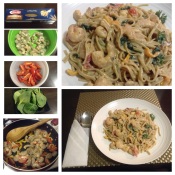 My home-cooked shrimp Alfredo pasta with spinach and grape tomatoes.