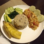 My home-cooked salt fish/cod fish cook up with brown rice & black eye peas, steamed sweet plantain, steamed sweet potato, spinach, avocado, cucumber.