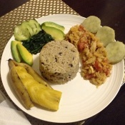 My home-cooked salt fish/cod fish cook up with brown rice & black eye peas, steamed sweet plantain, steamed sweet potato, spinach, avocado, cucumber.