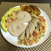 My homemade saltfish/cod fish cook up with Jamaican dumplings, green bananas, sweet plantains and avocado.