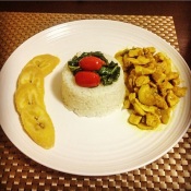 My home-cooked curry chicked with Jasmine rice and sweet steamed plantains.