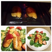 My homemade broiled tilapia salad in salsa sauce with pinapple and strawberries.